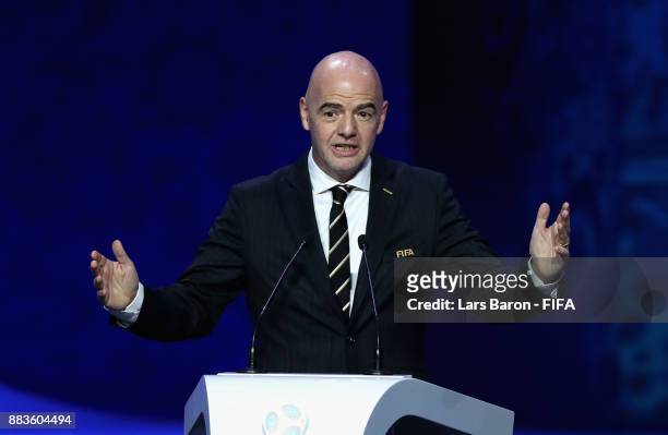 President, Gianni Infantino speaks to the crowd during the Final Draw for the 2018 FIFA World Cup Russia at the State Kremlin Palace on December 1,...