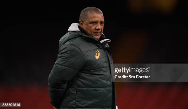 Springboks coach Allister Coetzee looks on during South Africa training ahead of their match against Wales at Principality Stadium on December 1,...