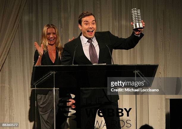 Actor and comedian Jimmy Fallon is presented his Webby Person of the Year Award by actress Cameron Diaz during the 13th Annual Webby Awards at...