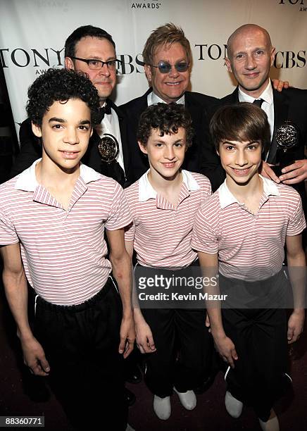Elton John and David Alvarez, Trent Kowalik and Kiril Kulish of "Billy Elliot" backstage at the 63rd Annual Tony Awards at Radio City Music Hall on...