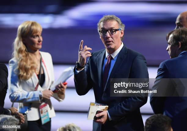 Draw assistant, Laurent Blanc makes his way onto the stage during the Final Draw for the 2018 FIFA World Cup Russia at the State Kremlin Palace on...