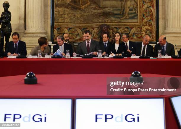 King Felipe VI of Spain and Queen Letizia of Spain attend a meeting with 'Princesa de Girona' Foundation members at the Royal Palace on December 1,...