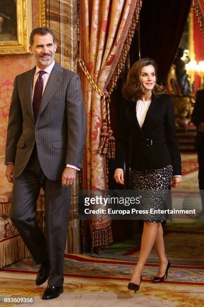 King Felipe VI of Spain and Queen Letizia of Spain attend a meeting with 'Princesa de Girona' Foundation members at the Royal Palace on December 1,...