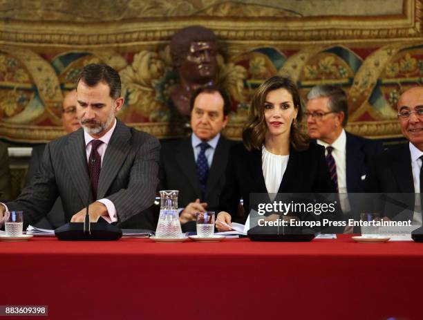 King Felipe VI of Spain and Queen Letizia of Spain attend a meeting with 'Princesa de Girona' Foundation members at the Royal Palace on December 1,...