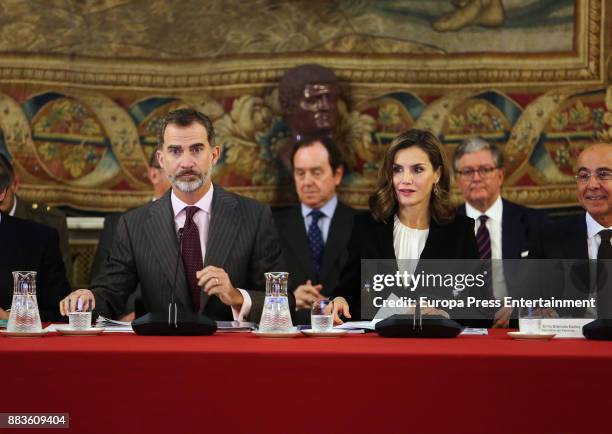 King Felipe VI of Spain and Queen Letizia of Spain attend a meeting with 'Princesa de Girona' Foundation members at the Royal Palace on December 1,...