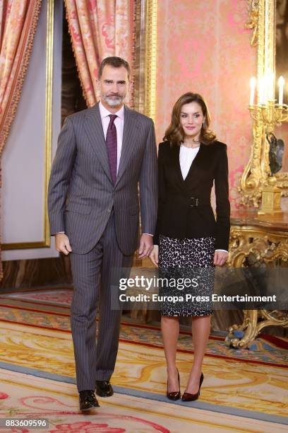 King Felipe VI of Spain and Queen Letizia of Spain attend a meeting with 'Princesa de Girona' Foundation members at the Royal Palace on December 1,...