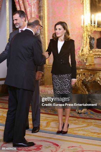 King Felipe VI of Spain and Queen Letizia of Spain attend a meeting with 'Princesa de Girona' Foundation members at the Royal Palace on December 1,...