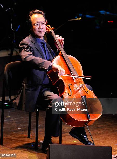 Yo Yo Ma performs during a celebration of Paul Newman's Hole in the Wall camps at Avery Fisher Hall at Lincoln Center for the Performing Arts on June...