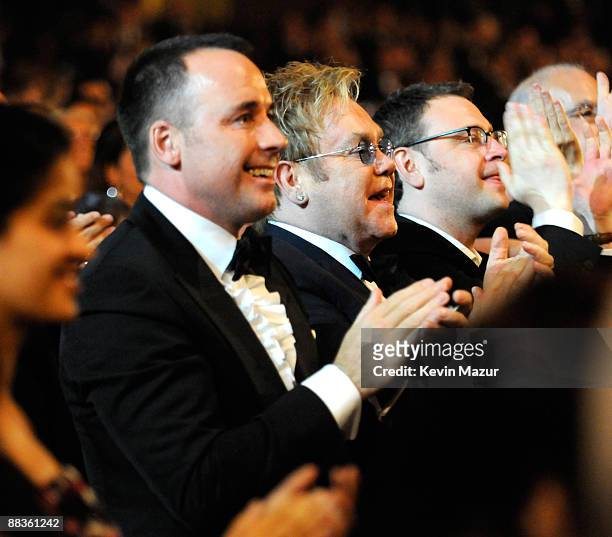 David Furnish and Elton John in the audience at the 63rd Annual Tony Awards at Radio City Music Hall on June 7, 2009 in New York City.