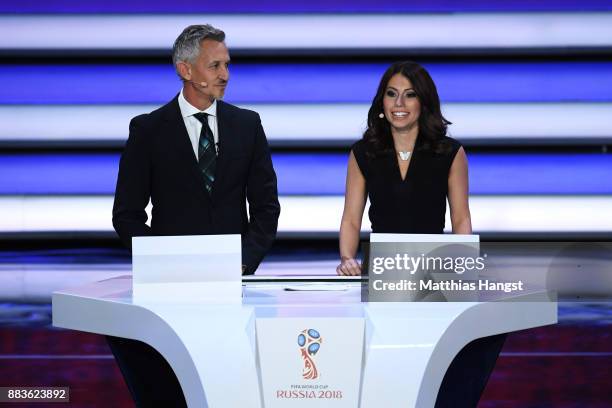 Presenter, Gary Lineker and Presenter, Maria Komandnaya speak to the audience during the Final Draw for the 2018 FIFA World Cup Russia at the State...