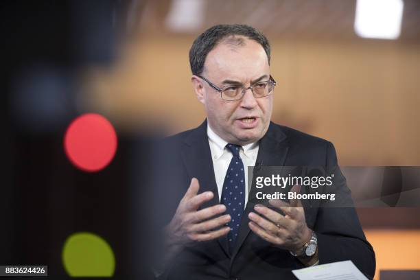 Andrew Bailey, chief executive officer of Financial Conduct Authority , gestures while speaking during a Bloomberg Television interview in London,...