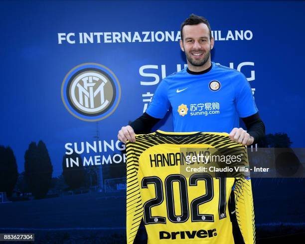 Samir Handanovic of FC Internazionale poses for a photo after the FC Internazionale training session at Suning Training Center at Appiano Gentile on...