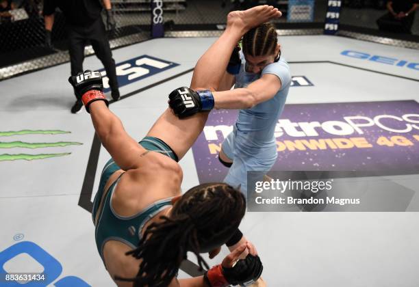 Sijara Eubanks kicks Roxanne Modafferi during the filming of The Ultimate Fighter: A New World Champion at the UFC TUF Gym on August 18, 2017 in Las...