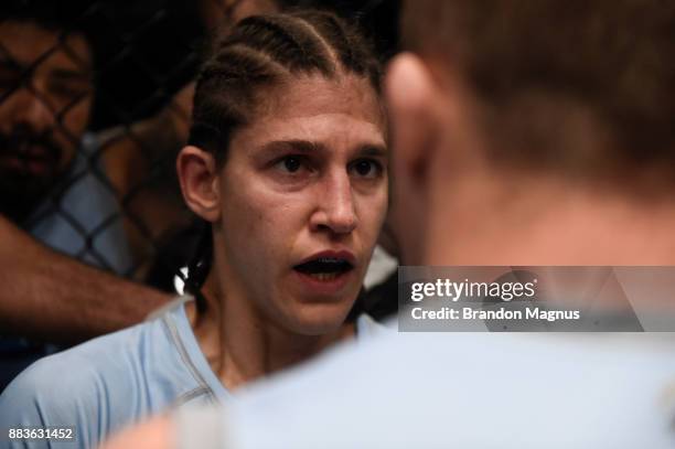 Roxanne Modafferi receives advice from her corner while facing Sijara Eubanks during the filming of The Ultimate Fighter: A New World Champion at the...