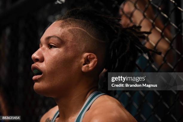 Sijara Eubanks receives advice from her corner in between rounds while facingRoxanne Modafferi during the filming of The Ultimate Fighter: A New...