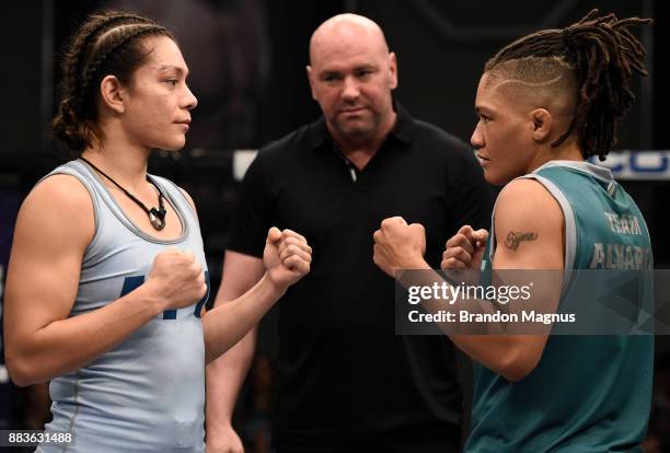 Nicco Montano and Sijara Eubanks face off during the filming of The Ultimate Fighter: A New World Champion at the UFC TUF Gym on August 18, 2017 in...