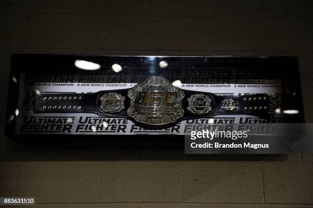 General view of the UFC belt during the filming of The Ultimate Fighter: A New World Champion at the UFC TUF Gym on August 18, 2017 in Las Vegas,...