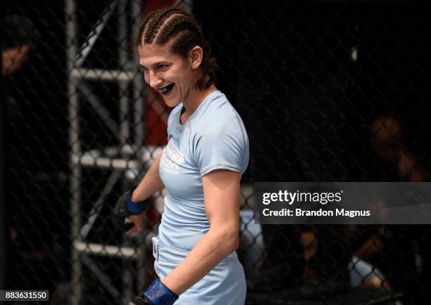 Roxanne Modafferi smiles at Sijara Eubanks during the filming of The Ultimate Fighter: A New World Champion at the UFC TUF Gym on August 18, 2017 in...