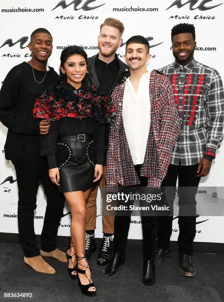 Matt Sallee, Kirstin Maldonado, Scott Hoying, Mitch Grassi and Kevin Olusola of pop group Pentatonix visit Music Choice on November 30, 2017 in New...