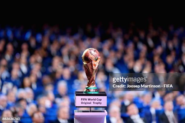 The trophy is seen during the Final Draw for the 2018 FIFA World Cup Russia at the State Kremlin Palace on December 1, 2017 in Moscow, Russia.