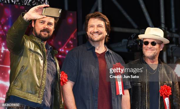 Karl Urban, Nathan Fillion and Michael Rooker attend the opening day of Tokyo Comic Con at Makuhari Messe on December 1, 2017 in Chiba, Japan.