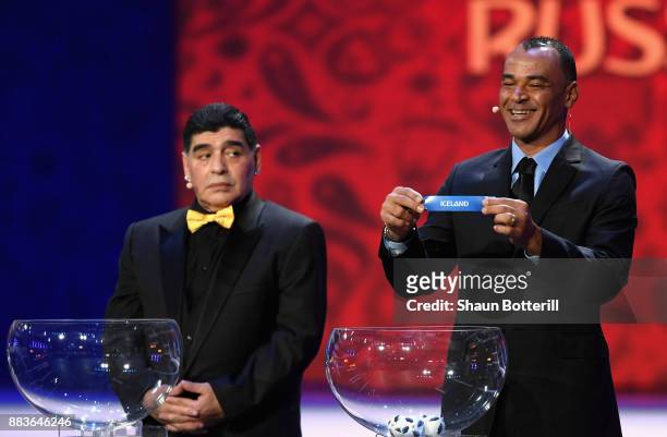 Draw assistant, Cafu draws Iceland during the Final Draw for the 2018 FIFA World Cup Russia at the State Kremlin Palace on December 1, 2017 in...