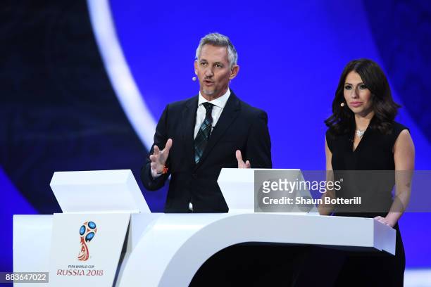 Presenter, Gary Lineker and presenter, Maria Komandnaya speaks during the Final Draw for the 2018 FIFA World Cup Russia at the State Kremlin Palace...