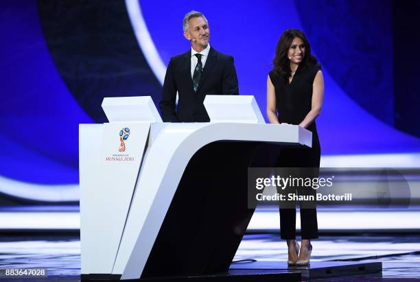 Presenter, Gary Lineker and presenter, Maria Komandnaya speaks during the Final Draw for the 2018 FIFA World Cup Russia at the State Kremlin Palace...