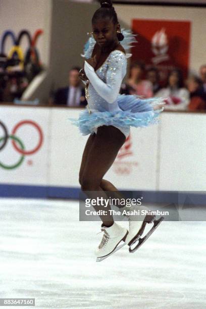 Surya Bonaly of France competes in the Women's Singles Short Program during the Albertville Olympic at the Halle Olympique on February 19, 1992 in...