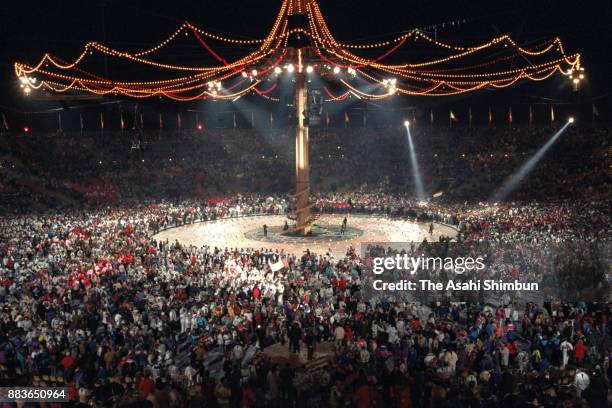 General view during the Albertville Olympic closing ceremony at the Theatre des Ceremonies on February 23, 1992 in Albertville, France.