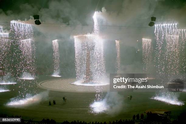 General view during the Albertville Olympic closing ceremony at the Theatre des Ceremonies on February 23, 1992 in Albertville, France.