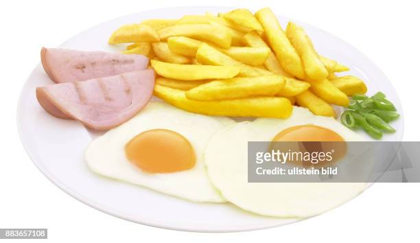 Two fried eggs, ham and chips.