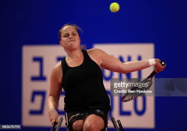 Aniek Van Koot of The Netherlands in action during her match against Sabine Ellerbrock of Germany on day 3 of The NEC Wheelchair Tennis Masters at...