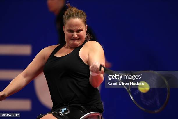 Aniek Van Koot of The Netherlands in action during her match against Sabine Ellerbrock of Germany on day 3 of The NEC Wheelchair Tennis Masters at...