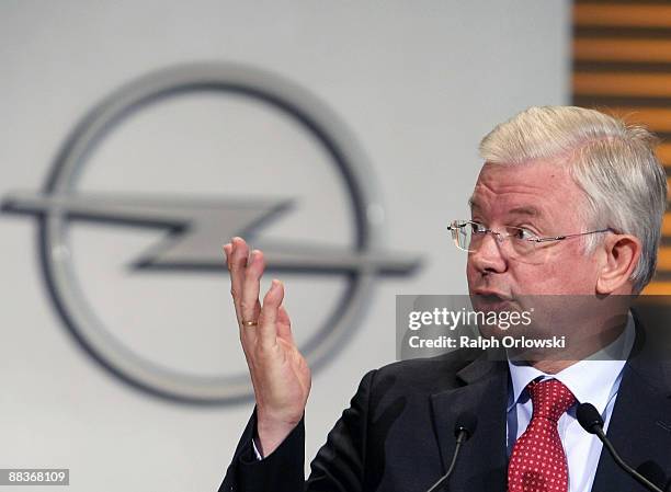 Roland Koch, governor of the German state of Hesse speaks during a news conference at the headquarters of German carmaker Adam Opel GmbH on June 9,...