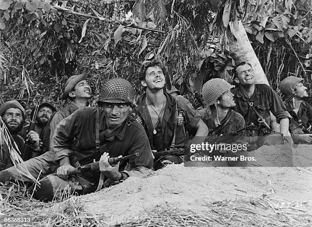 From left to right, American actor Jeff Chandler as Brigadier General Frank D. Merrill, Peter Brown as Bullseye, Ty Hardin as Stockton and Chuck...