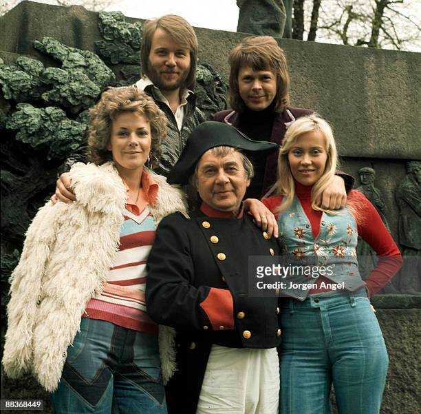 An actor playing Napoleon poses with the pop group Abba, Anni-Frid Lyngstad, Benny Andersson, Björn Ulvaeus , Agnetha Fältskog , to promote their...