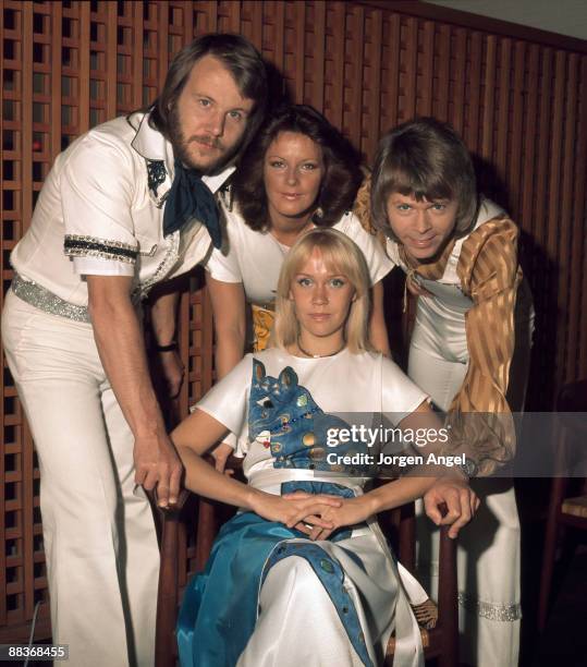 Pop group Abba pose for a group shot, Benny Andersson, Anni-Frid Lyngstad, Agnetha Fältskog and Björn Ulvaeus , in May 1975 in Copenhagen, Denmark.