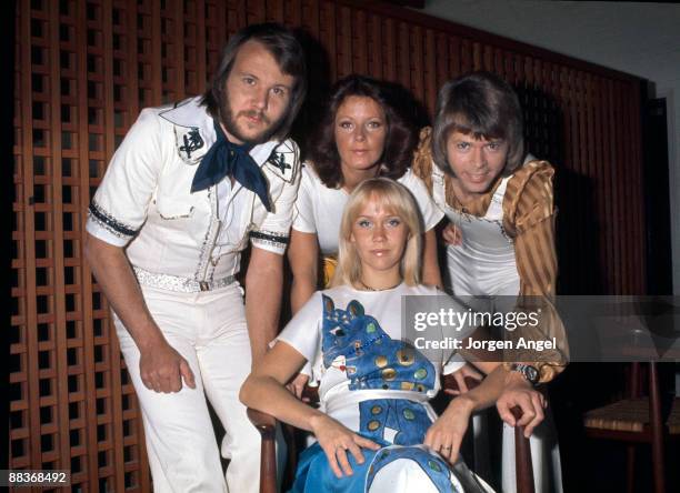 Pop group Abba pose for a group shot, Benny Andersson, Anni-Frid Lyngstad, Agnetha Fältskog and Björn Ulvaeus , in May 1975 in Copenhagen, Denmark.