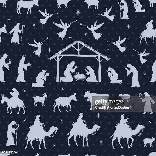 stockillustraties, clipart, cartoons en iconen met nativity scene patroon - baby goats