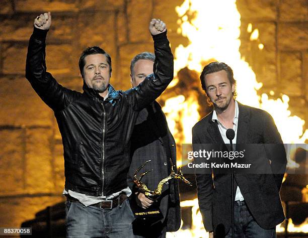 Actor Brad Pitt, director David Fincher, and actor Ed Norton onstage at Spike TV's 2009 "Guys Choice Awards" held at the Sony Studios on May 30, 2009...