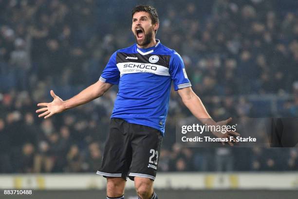 Florian Dick of Bielefeld celebrates scoring his teams second goal during the Second Bundesliga match between DSC Arminia Bielefeld and FC St. Pauli...