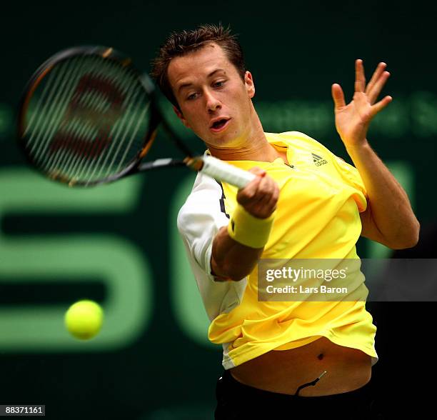 Philipp Kohlschreiber of Germany plays a forehand during his first round match against Bjoern Phau of Germany on day 2 of the Gerry Weber Open at the...