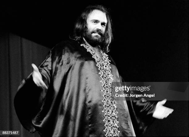 Demis Roussos performs on stage in January 1974 in Copenhagen, Denmark.