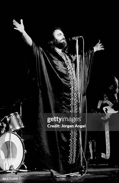 Demis Roussos performs on stage in January 1974 in Copenhagen, Denmark.