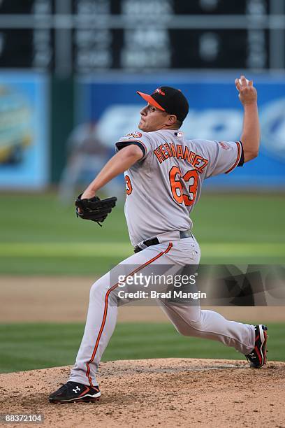 David Hernandez of the Baltimore Orioles pitches during the game against the Oakland Athletics at the Oakland-Alameda County Coliseum on June 6, 2009...