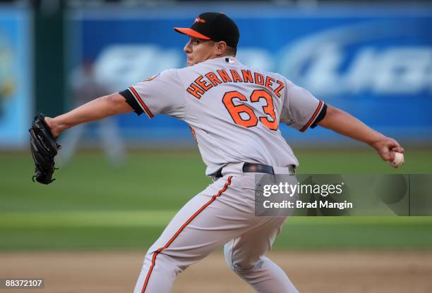 David Hernandez of the Baltimore Orioles pitches during the game against the Oakland Athletics at the Oakland-Alameda County Coliseum on June 6, 2009...