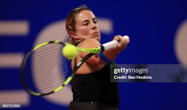 Lucy Shuker of Great Britain in action during her match against Marjolein Buis of The Netherlands on day 3 of The NEC Wheelchair Tennis Masters at...