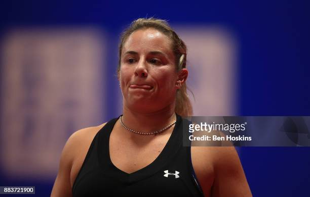 Lucy Shuker of Great Britain in action during her match against Marjolein Buis of The Netherlands on day 3 of The NEC Wheelchair Tennis Masters at...