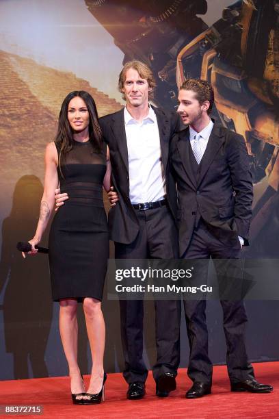 Actress Megan Fox, director Michael Bay and actor Shia LaBeouf attend the 'Transformers: Revenge of the Fallen' South Korea Premiere at Yongsan CGV...